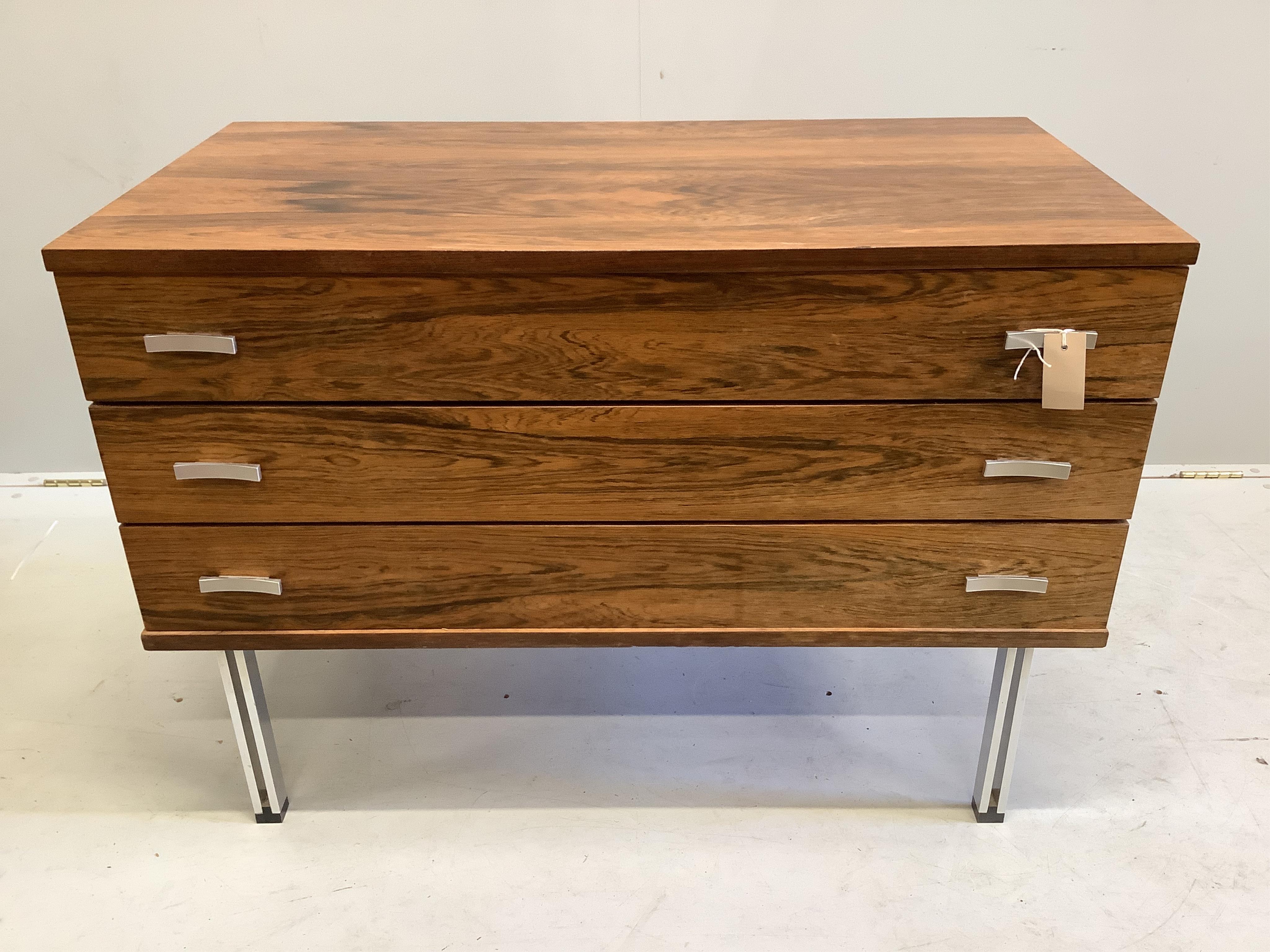 A mid century Indian rosewood three drawer chest, width 100cm, depth 53cm, height 68cm